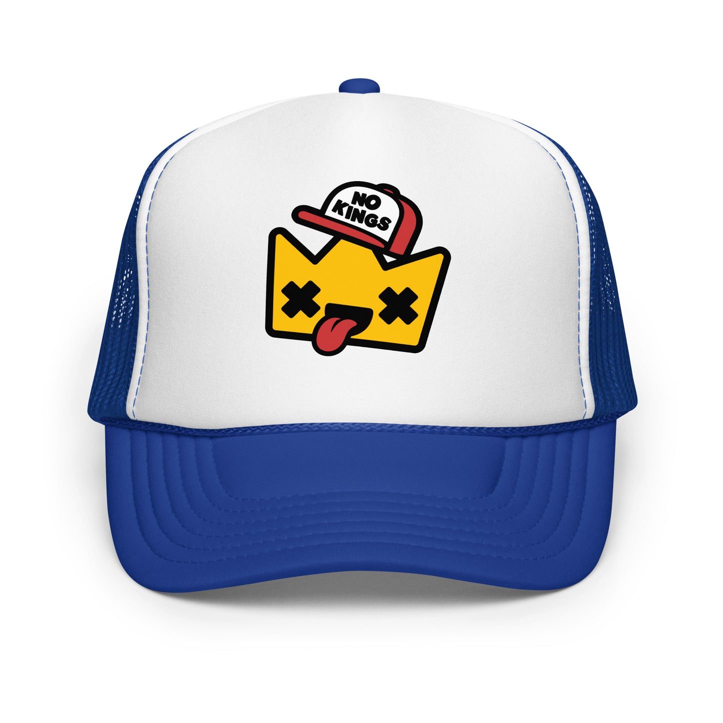 Royal blue and white trucker hat featuring the “No Kings” cartoon crown graphic, a lighthearted political design promoting democratic ideals and civic participation.