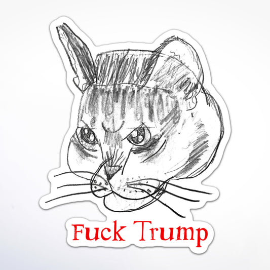 Fuck Trump sticker featuring hand-drawn pencil cat with bold red protest text.