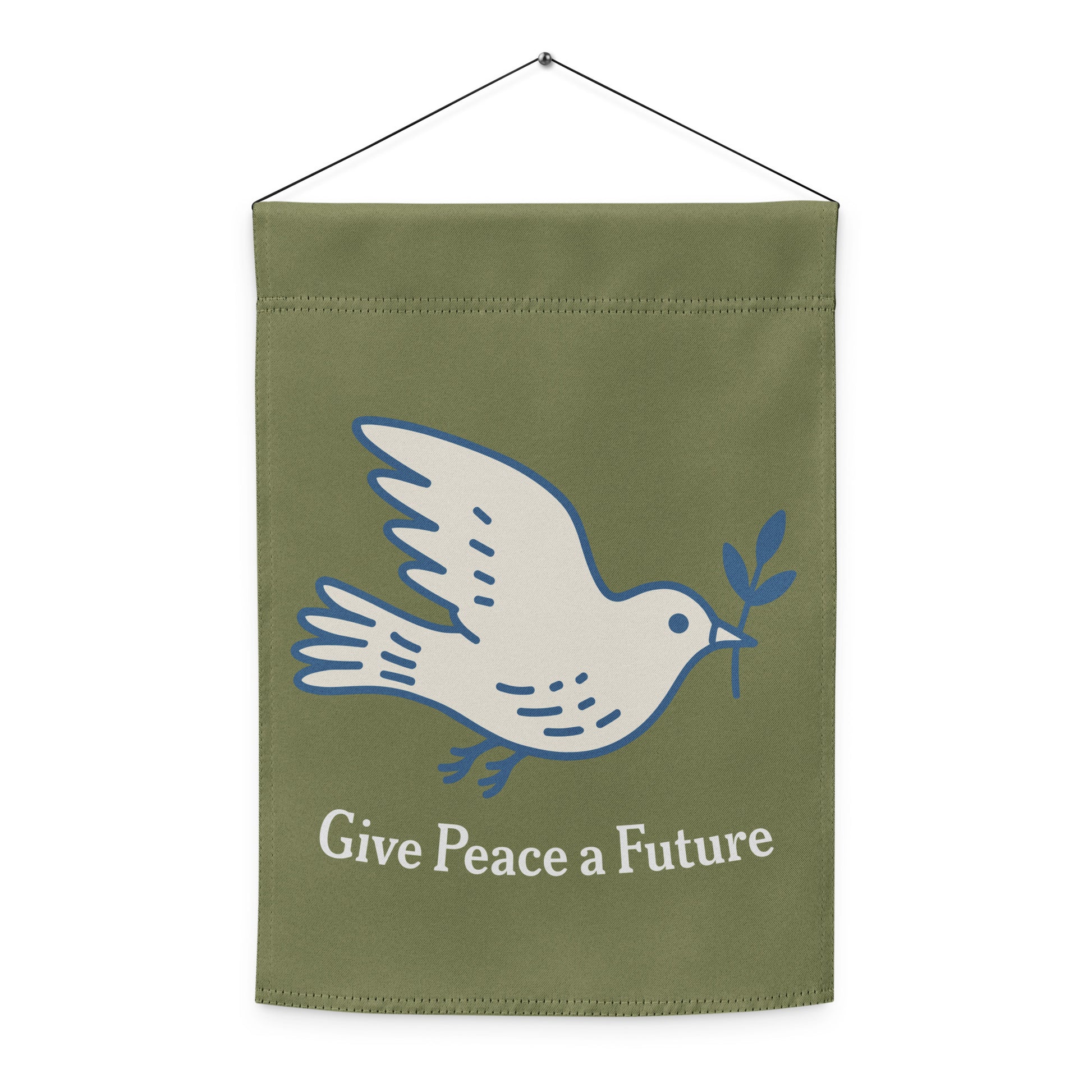 Hanging olive green garden flag featuring dove peace symbol and olive branch above “Give Peace a Future” text, clean anti-war outdoor decor.