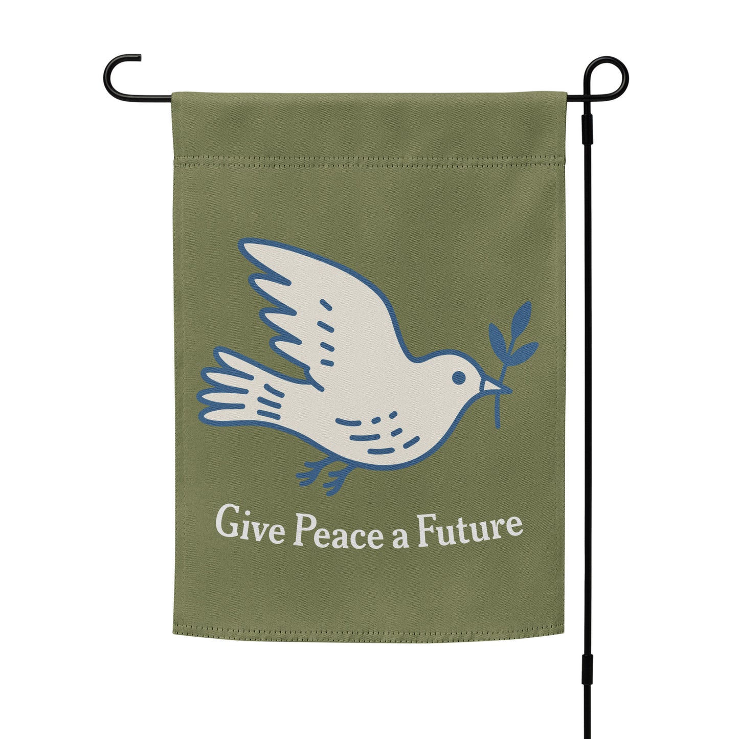 Olive green garden flag mockup on stand displaying white dove illustration with olive branch and “Give Peace a Future” phrase in peace movement style.