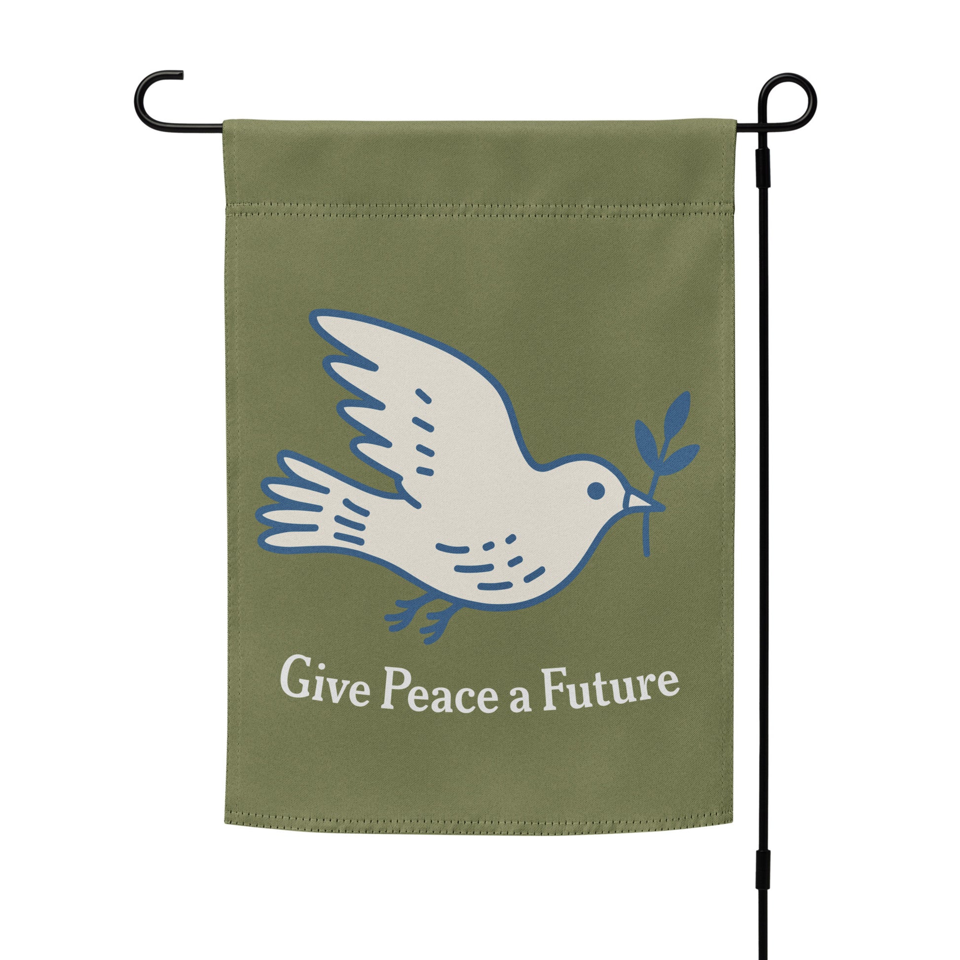 Olive green garden flag mockup on stand displaying white dove illustration with olive branch and “Give Peace a Future” phrase in peace movement style.