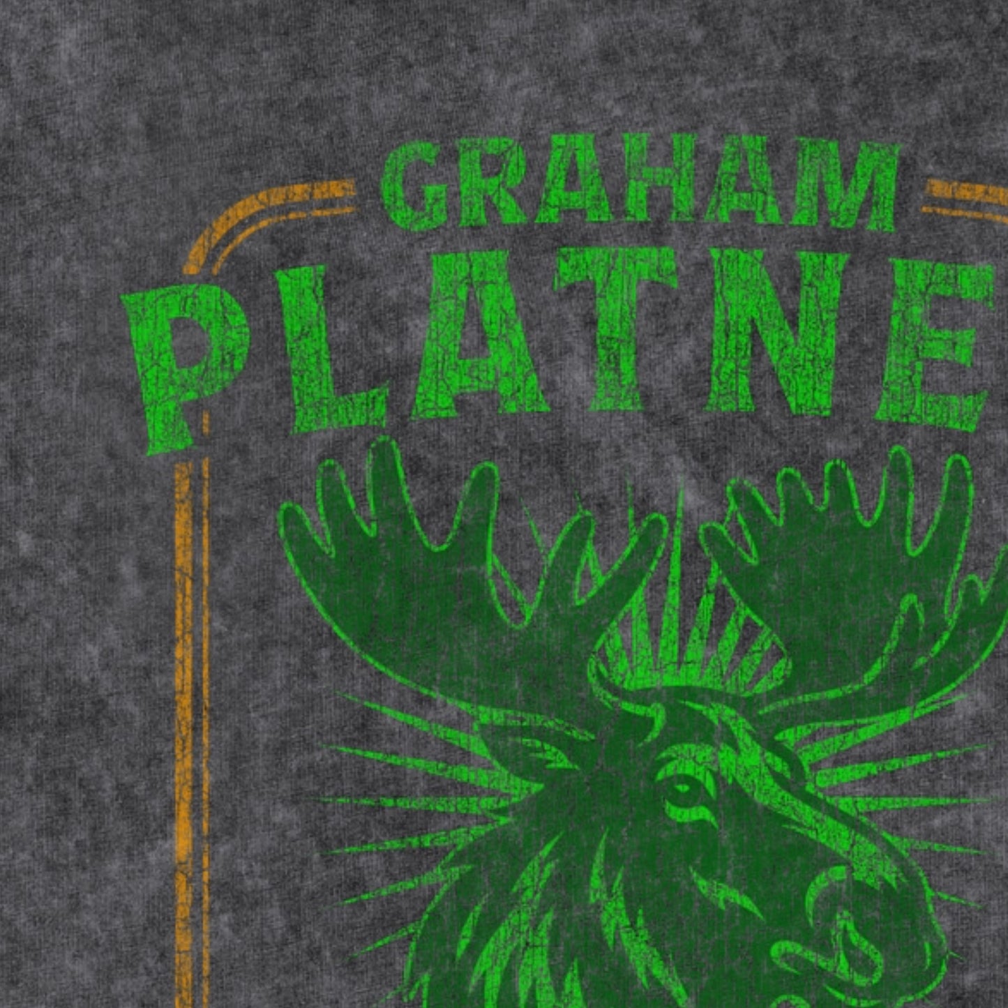 Close-up of green moose illustration with “Graham Platner” text and rustic frame detail in vintage Maine outdoors graphic style.