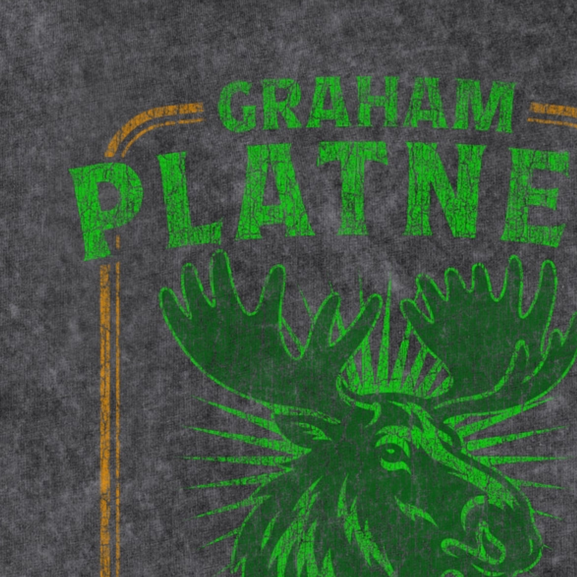 Close-up of green moose illustration with “Graham Platner” text and rustic frame detail in vintage Maine outdoors graphic style.