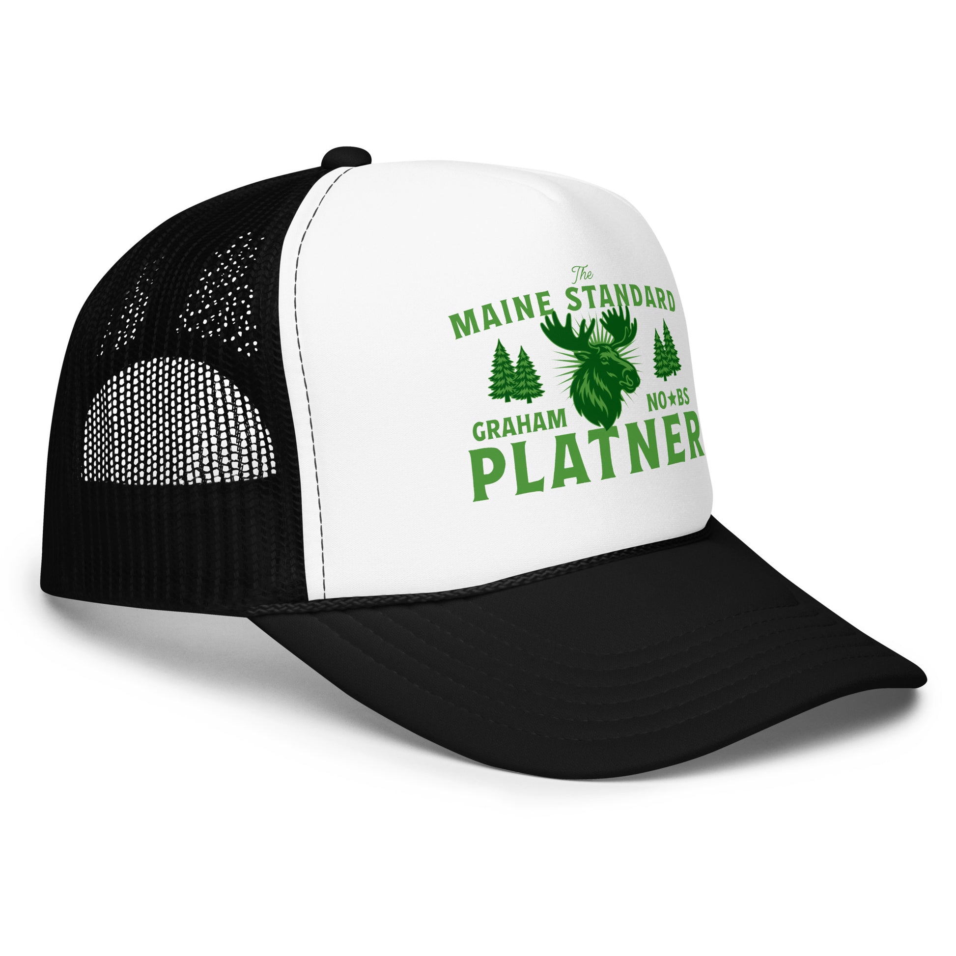 Black and white foam trucker hat angled side view featuring green moose graphic and “Maine Standard Graham Platner” vintage outdoor design.