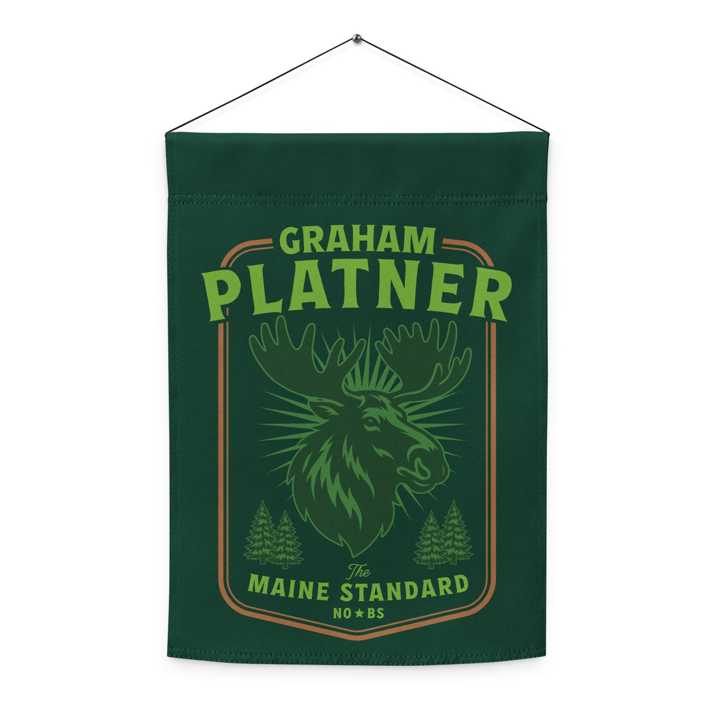 Hanging green garden flag with moose artwork and “Graham Platner Maine Standard” text in rustic regional Maine design.