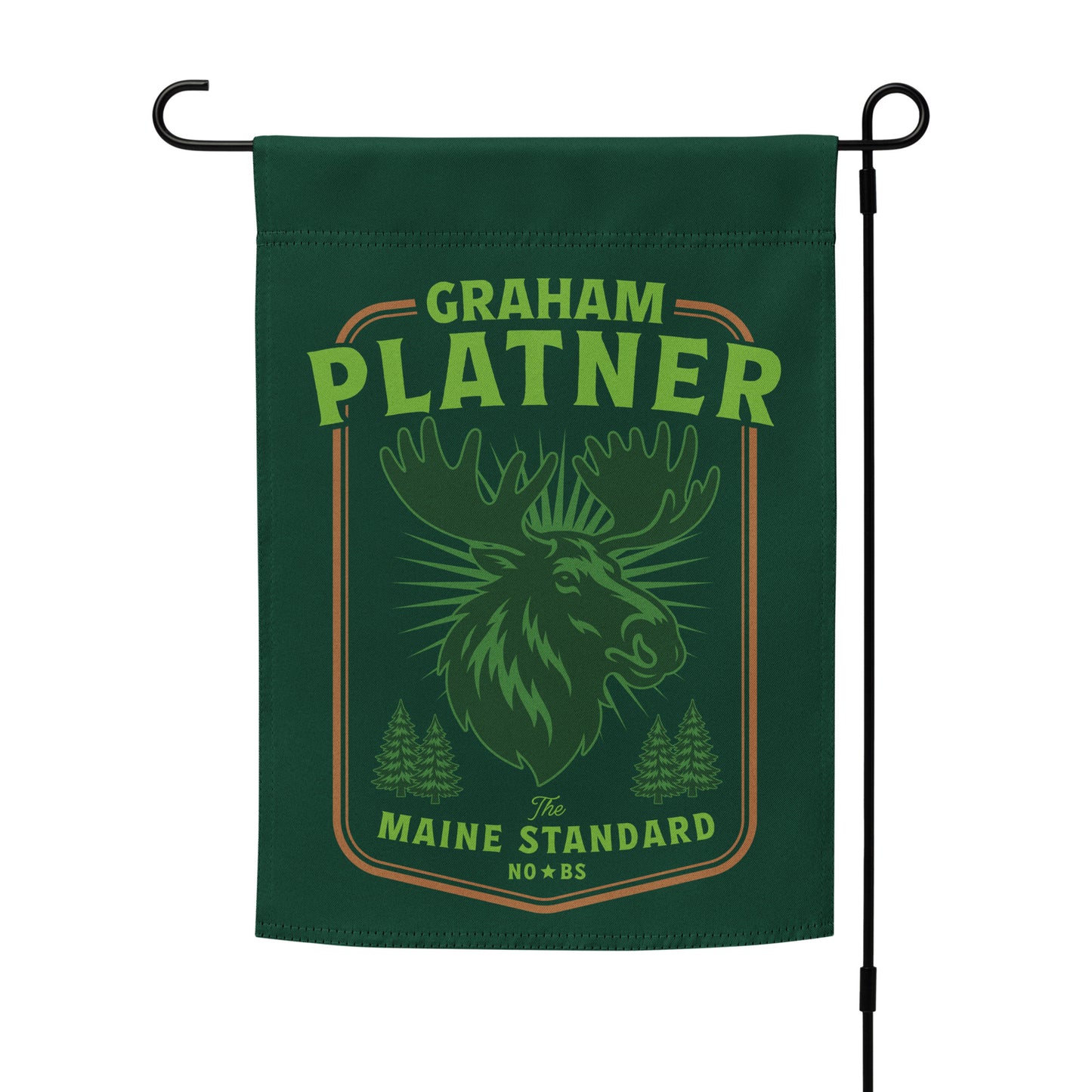 Vertical garden flag on metal stand with green moose design and “Graham Platner Maine Standard” vintage Maine outdoor graphic.
