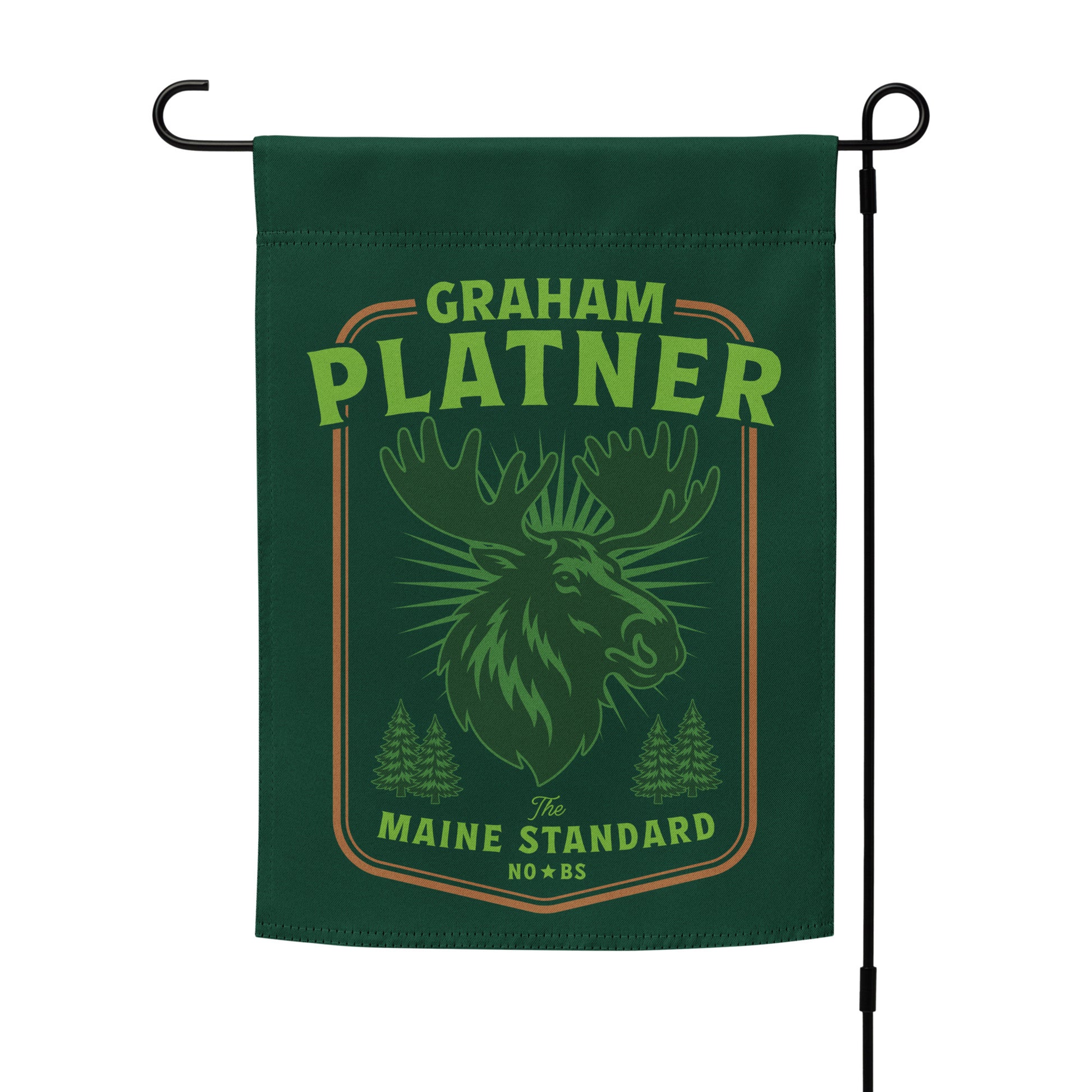 Vertical garden flag on metal stand with green moose design and “Graham Platner Maine Standard” vintage Maine outdoor graphic.