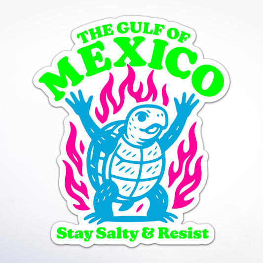Gulf of Mexico activist sticker featuring blue turtle surrounded by pink flames with “Stay Salty & Resist” text.