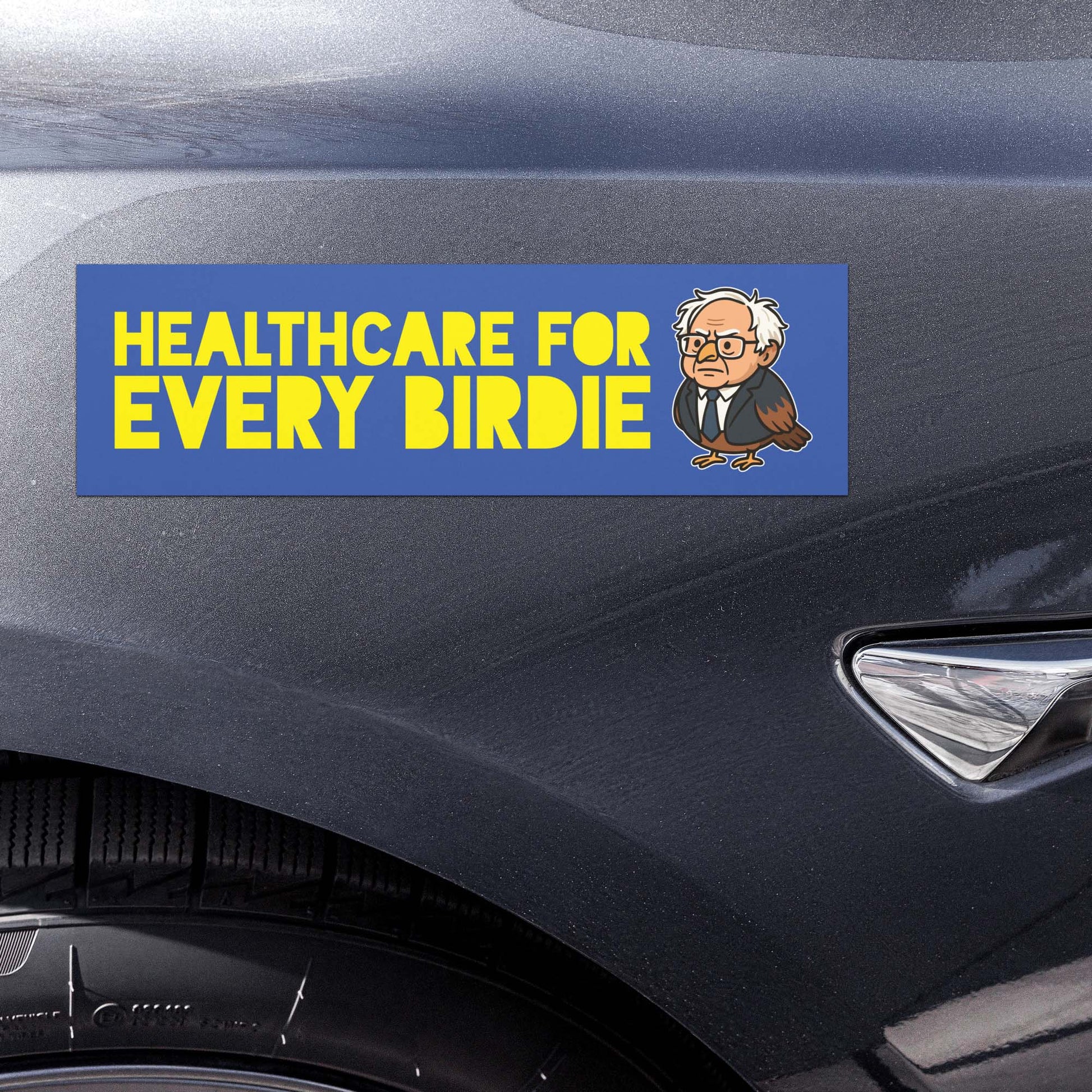 Blue Wave USA car magnet mockup displayed on vehicle, showing “Healthcare for Every Birdie” wording with Birdie Sanders bird pun artwork.