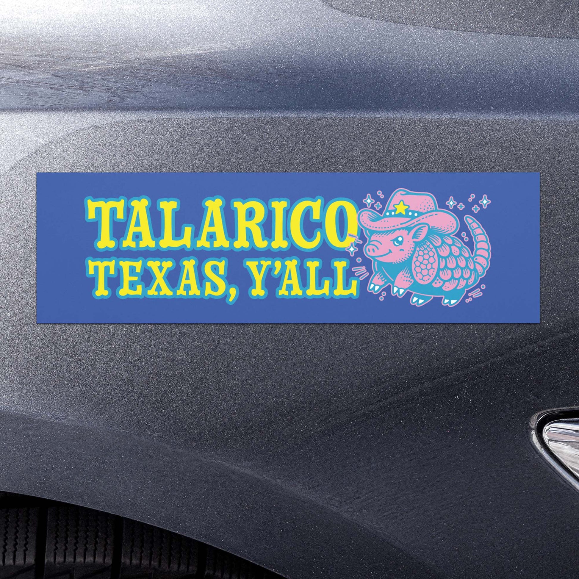 Blue car magnet applied to vehicle showing retro “Talarico Texas Y’all” lettering and stylized armadillo graphic in western-inspired political design.