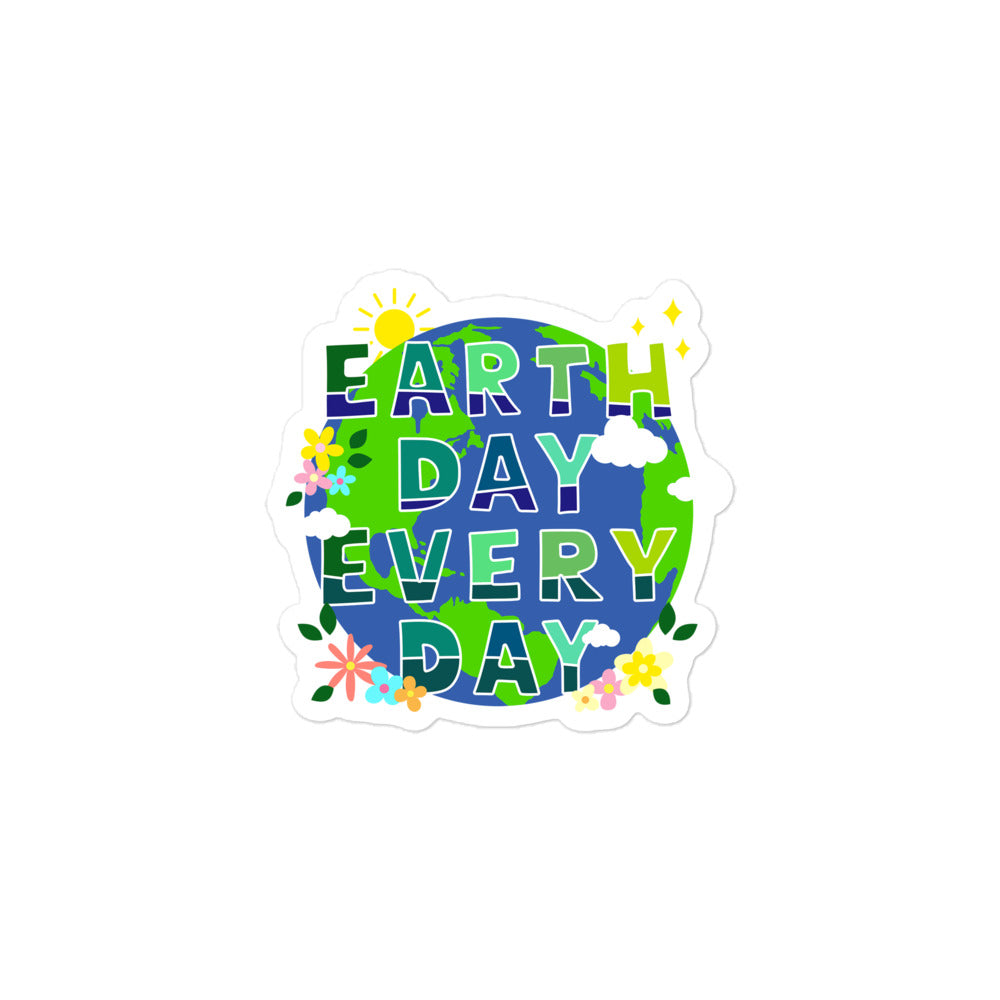 “Earth Day every day” text with blooming flowers, sun, and planet Earth in flat graphic style.