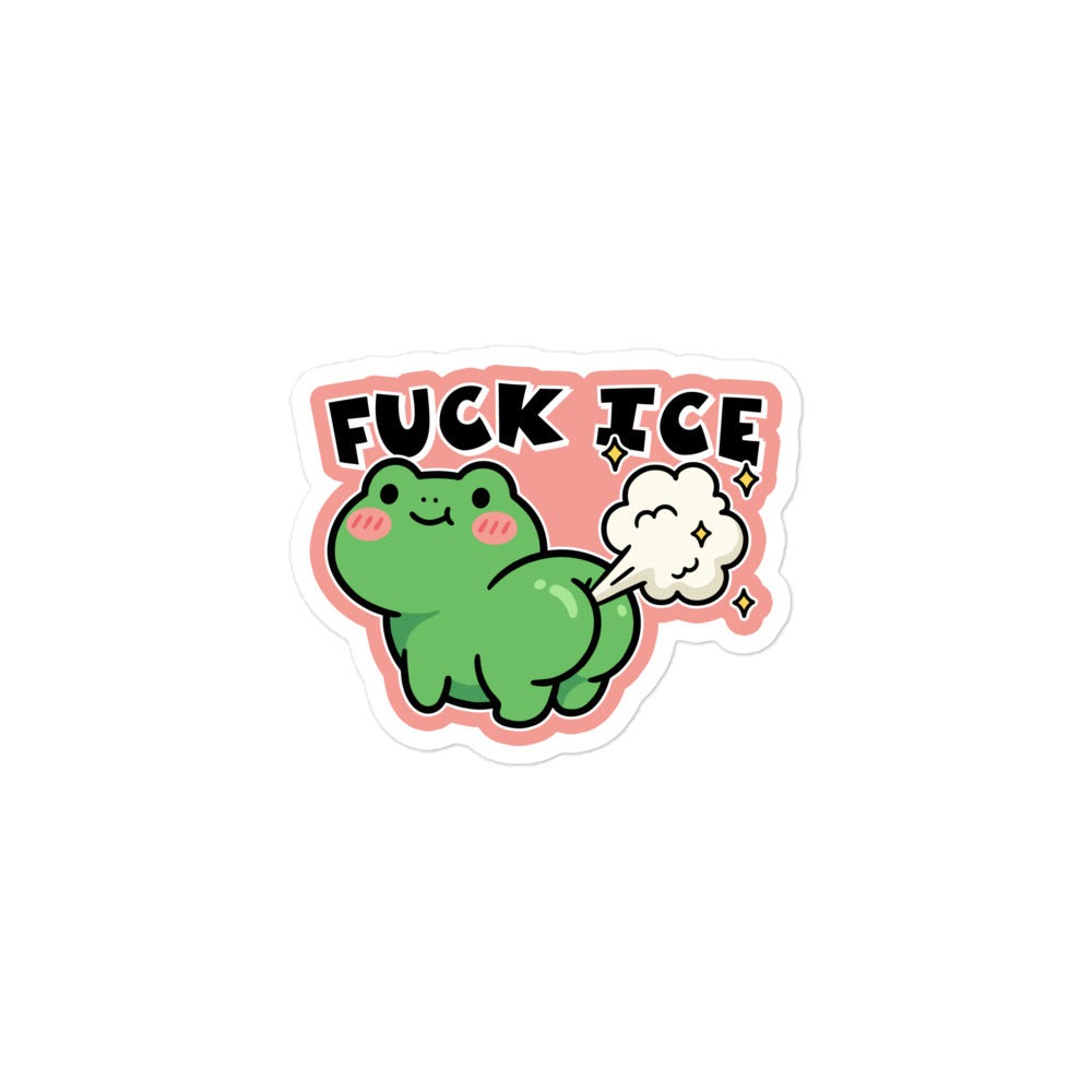 3x3  sticker mockup showing cartoon frog with gas cloud and bold “Fuck ICE” text in irreverent activist design for laptops and water bottles.