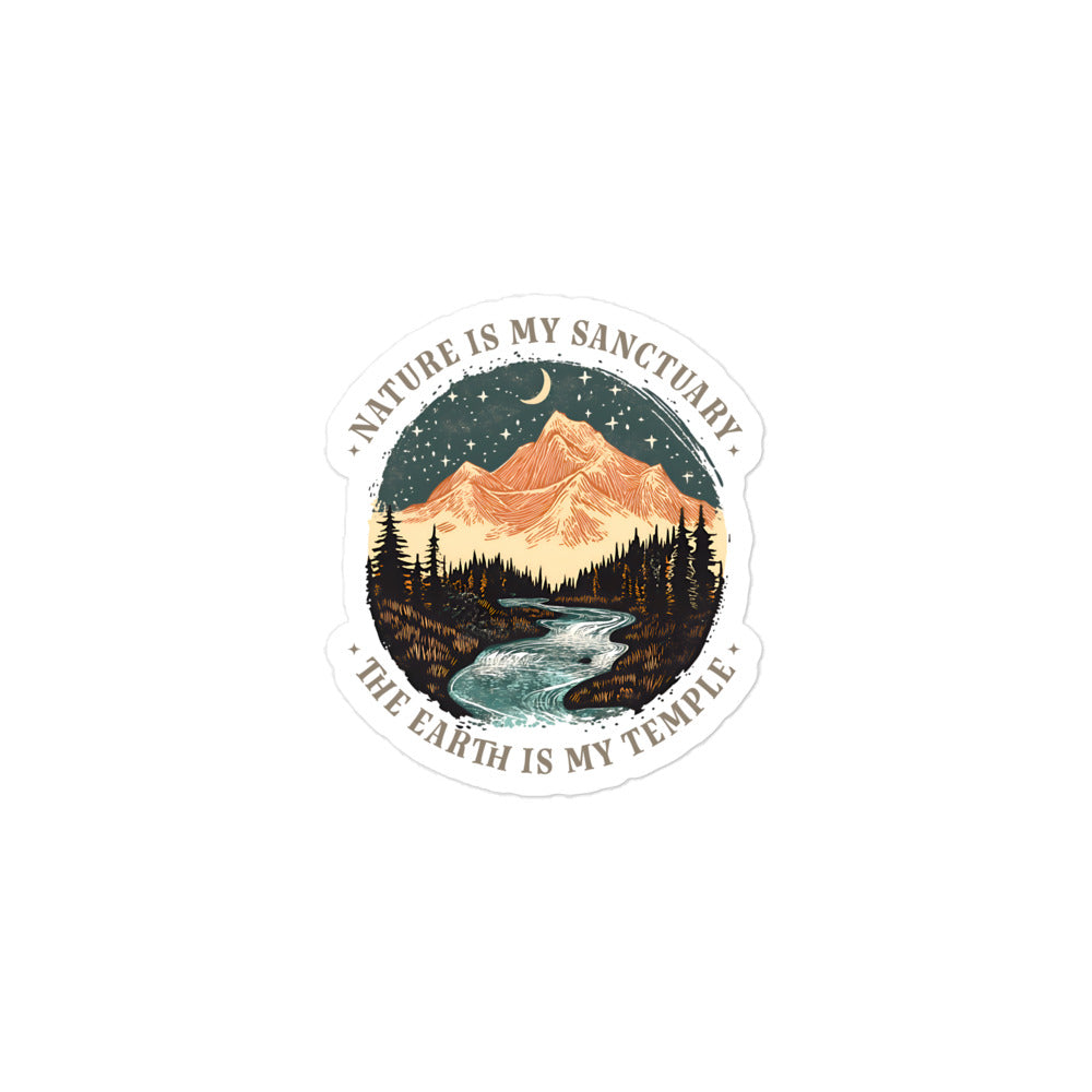 Small sticker version displaying circular mountain landscape and “Nature Is My Sanctuary” wording in minimalist outdoor lifestyle design.