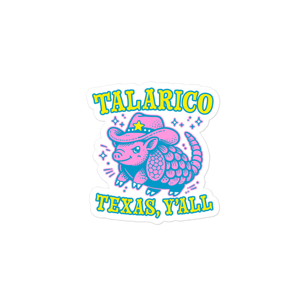 Small-size sticker showing vibrant armadillo cowboy graphic with “Talarico Texas Y’all” message in bold retro Texas aesthetic.