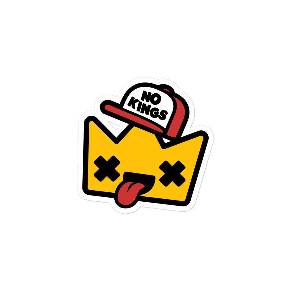 Small “No Kings” cartoon crown sticker with bold black outlines, bright colors, and humorous anti-monarchy artwork celebrating democratic values and civic engagement.