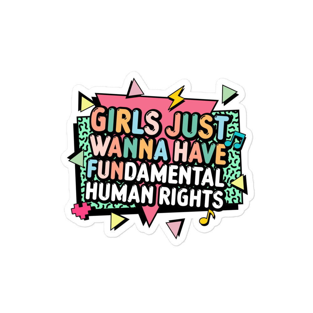 The 4x4 “Girls Just Wanna Have Fundamental Human Rights” sticker with lightning bolts and playful shapes. Retro empowerment design by Blue Wave USA.
