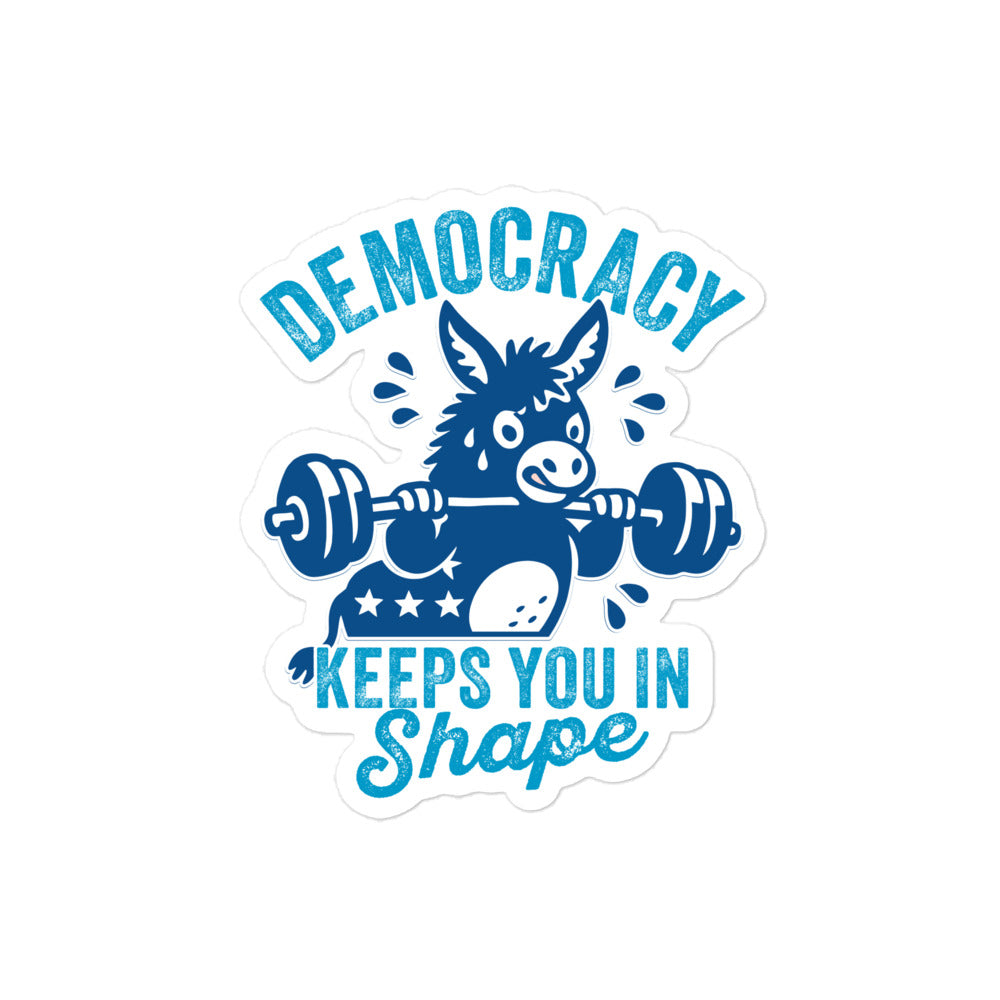 Fitness-themed donkey sticker with bold blue barbell illustration and “Keeps You in Shape” wording, playful political artwork for laptops, water bottles, and everyday activist expression.