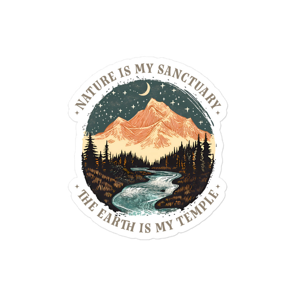 Medium die-cut sticker featuring scenic mountain, pine trees, and river with “The Earth Is My Temple” phrase in calm nature aesthetic.