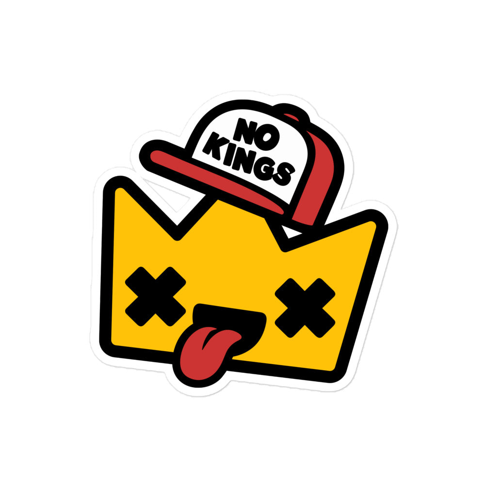 Medium cartoon crown sticker wearing a “No Kings” cap, combining street-art style graphics, political humor, and a lighthearted message supporting democracy over inherited power.