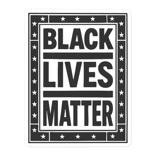 Front View Image: Black Lives Matter BLM Sticker Graphic with Bold Text and Star Frame
