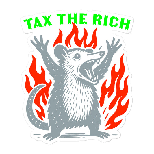 Front View Image: Tax The Rich Opossum Sticker – bold flames and protest opossum