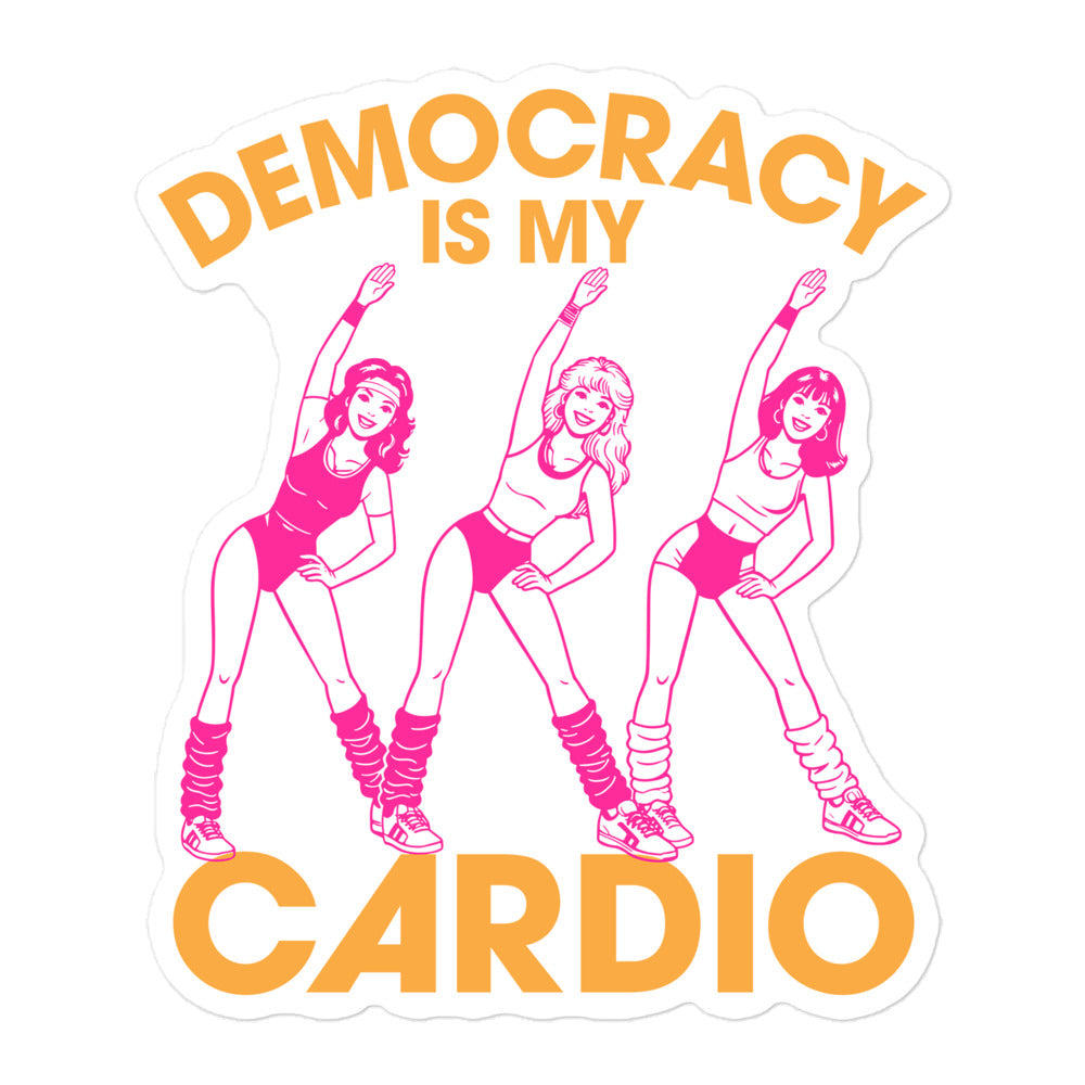 Sticker mockup with three retro workout figures in pink and orange typography, highlighting the “Democracy Is My Cardio” message in a fun justice-focused design style.