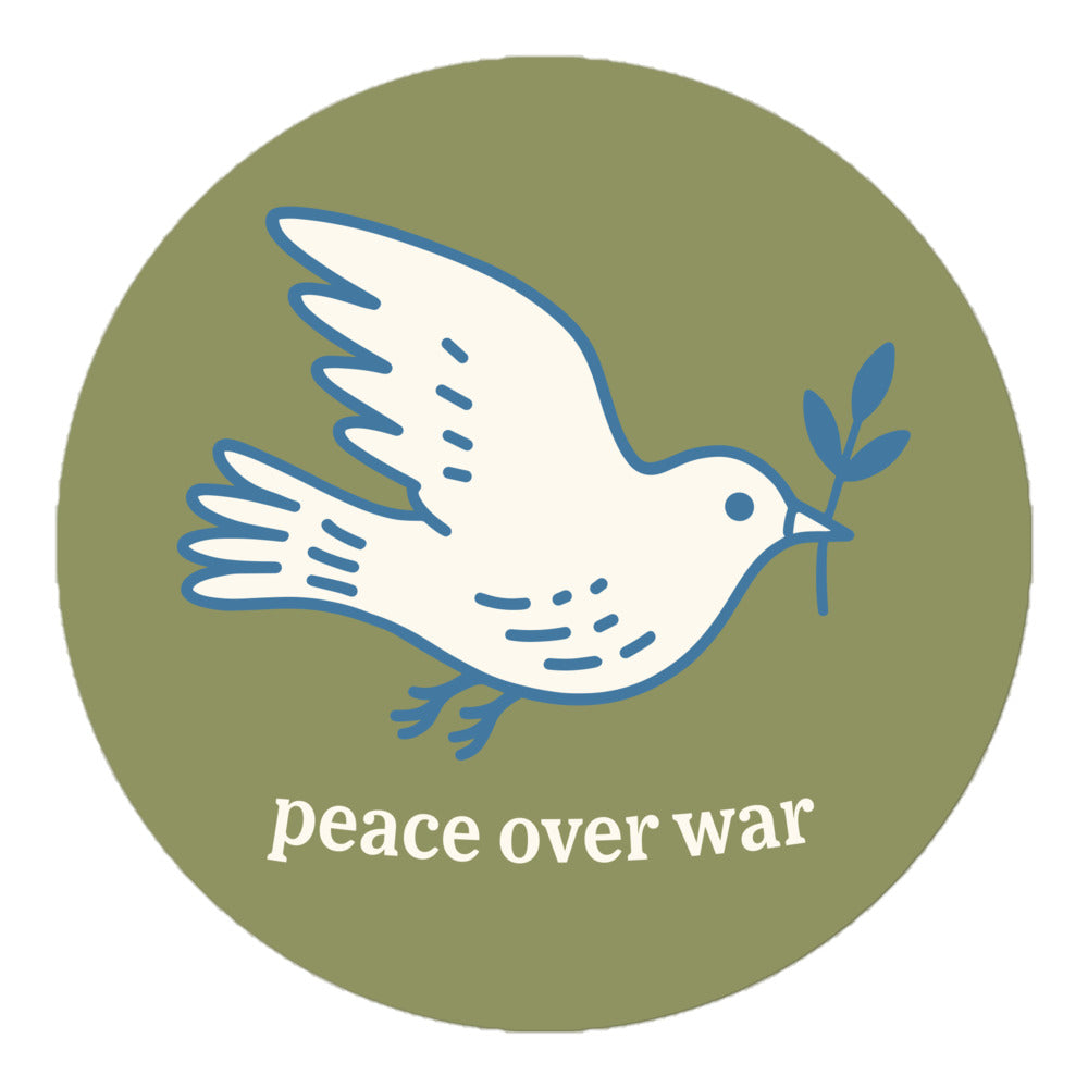 Blue Wave USA round sticker displaying white peace dove artwork with olive branch and “peace over war” wording on muted green background.