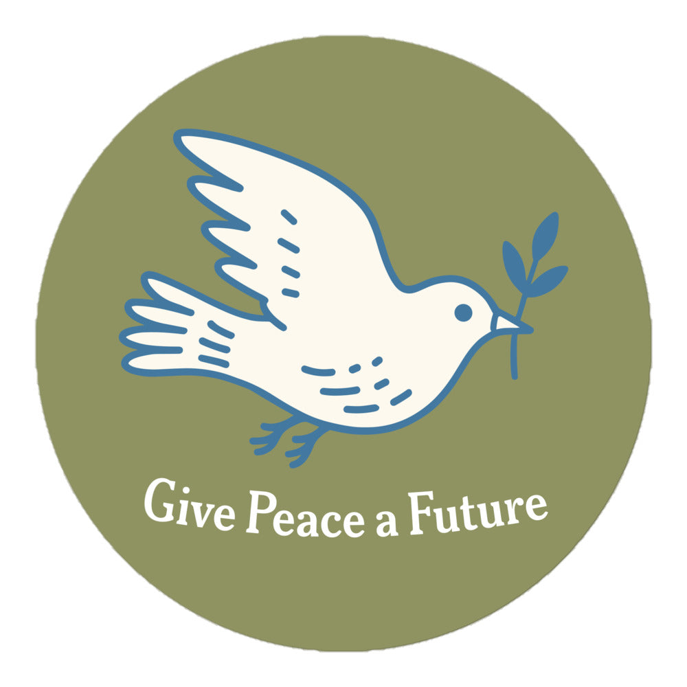 Blue Wave USA round sticker displaying white dove peace artwork with olive branch and “Give Peace a Future” wording on muted green background.