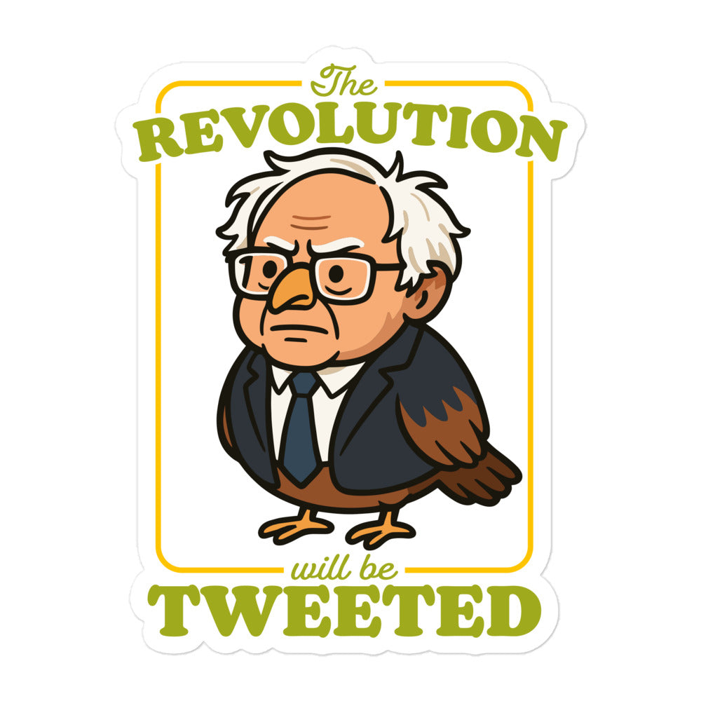 Blue Wave USA sticker mockup displaying Birdie Sanders illustration with vintage revolution poster typography and tweeted slogan in progressive humor style.