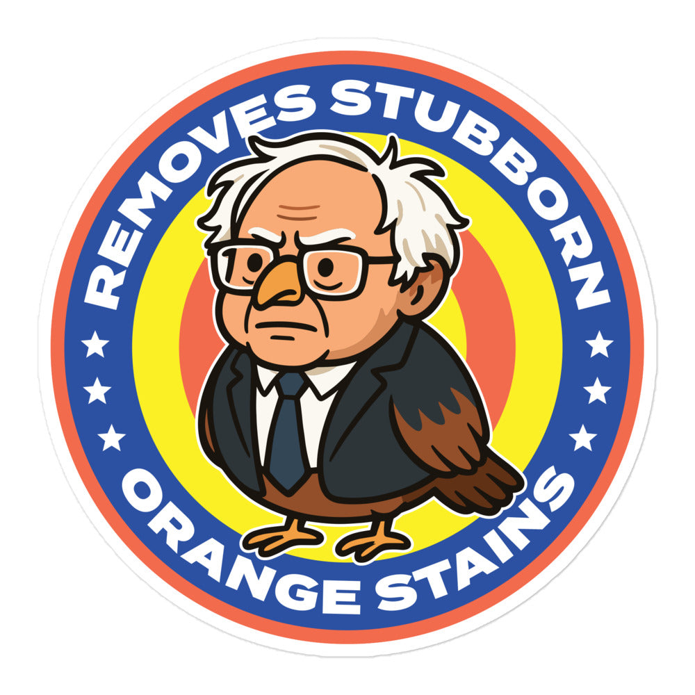 Blue Wave USA round sticker displaying circular Birdie Sanders cleaning parody logo with stubborn orange stains wording in satirical progressive style.