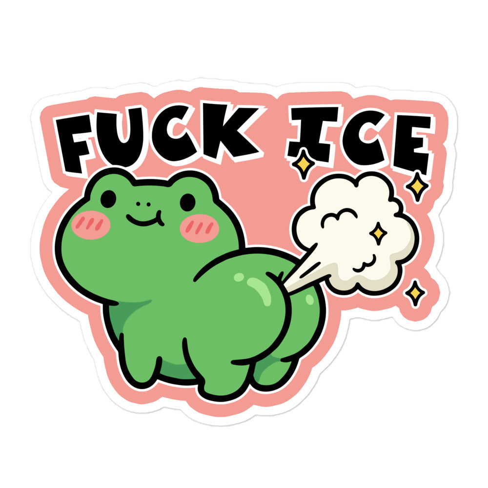 Blue Wave USA sticker mockup displaying cute frog illustration with gas cloud and “Fuck ICE” wording in humorous immigration justice design.