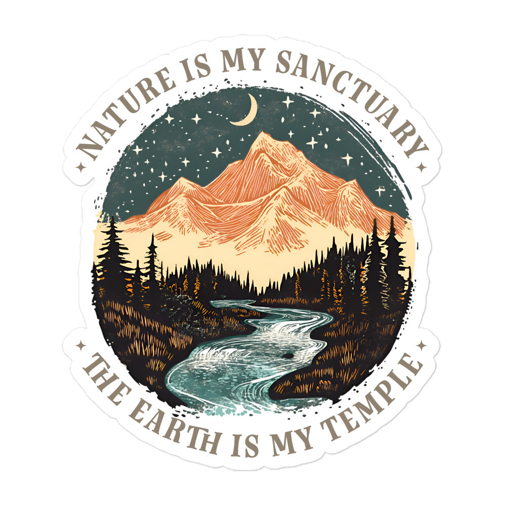 Blue Wave USA sticker mockup showing circular mountain and forest illustration with river and nature sanctuary message in outdoor-inspired design.