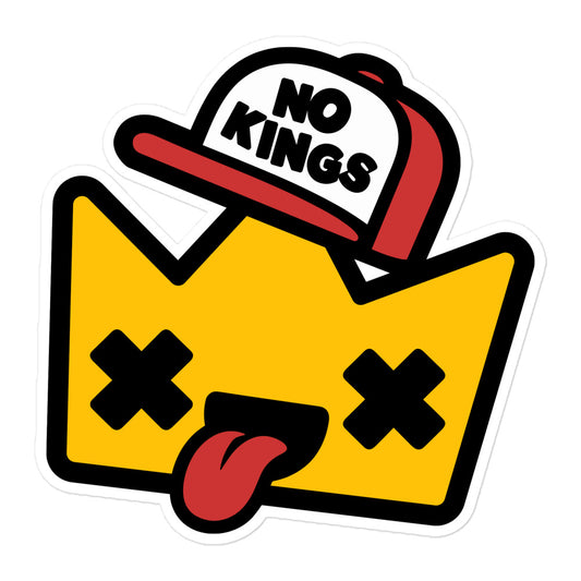 Large die-cut sticker featuring a goofy cartoon crown with X-shaped eyes and a tongue-out expression wearing a “No Kings” trucker hat, a playful pro-democracy design inspired by political satire and protest art.