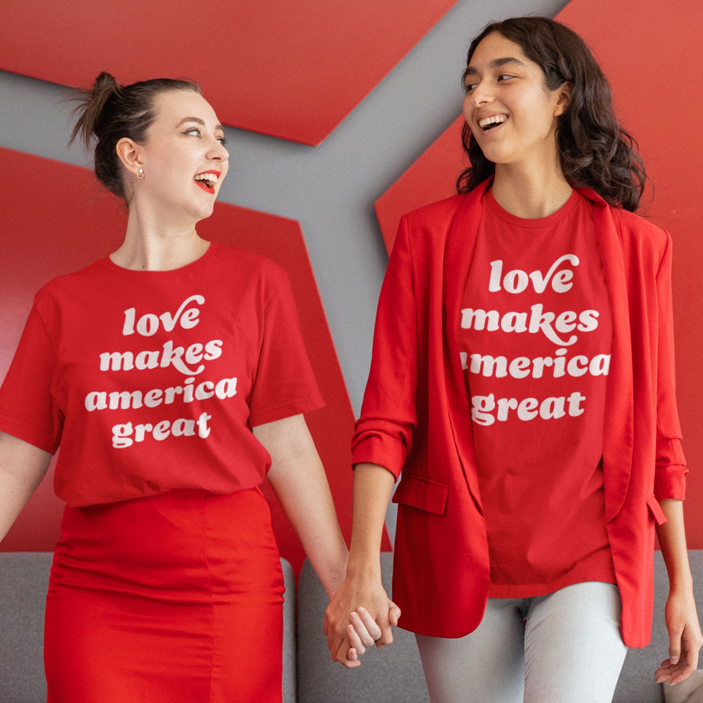 Unisex t-shirt featuring bold white typography reading “Love Makes America Great,” worn in a lifestyle photo emphasizing solidarity, progressive apparel style, and Valentine’s Day political message.