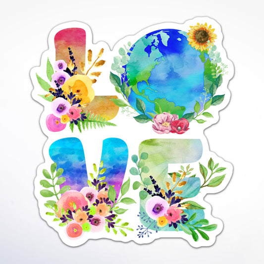 LOVE earth day sticker with watercolor floral letters and globe, featuring sunflower and botanical accents.