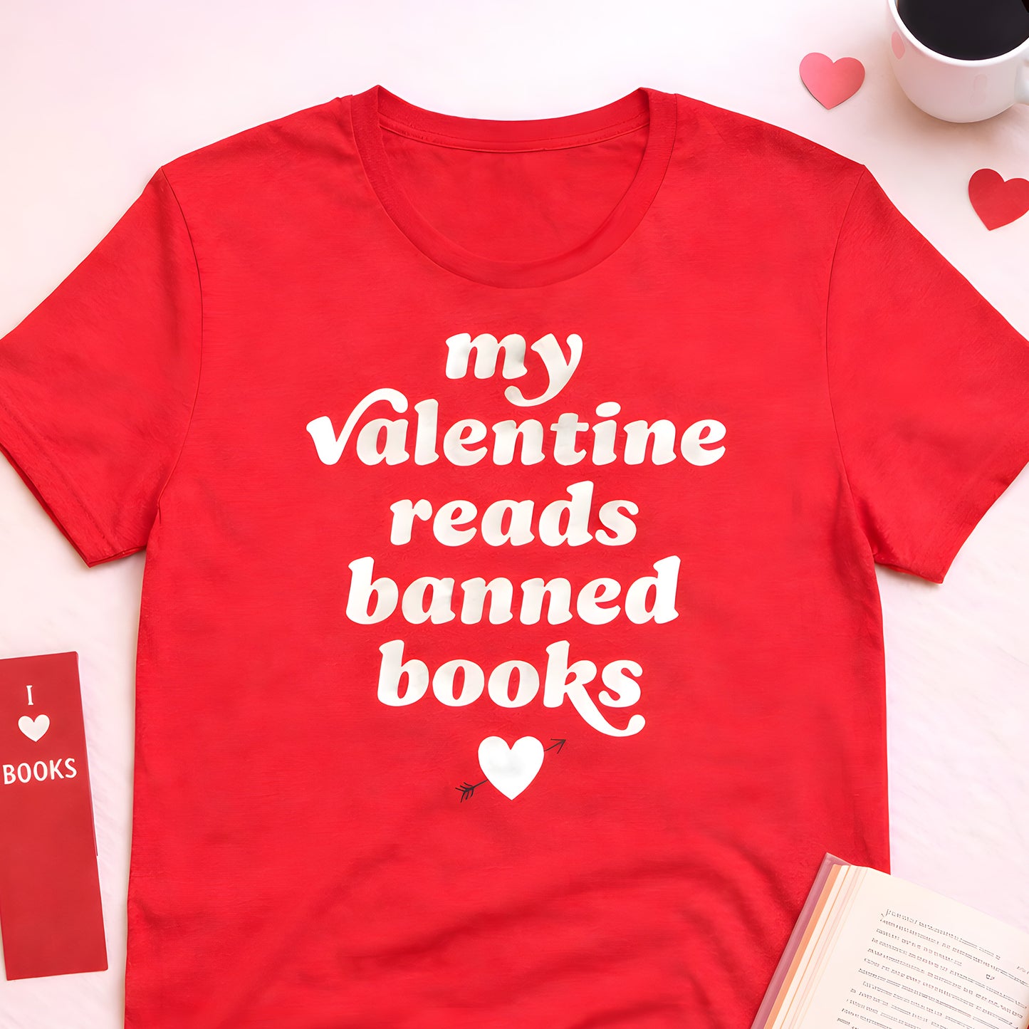Red unisex t-shirt laid flat with book and heart accents, displaying playful retro typography reading “my valentine reads banned books” and small heart icon; justice-focused design.