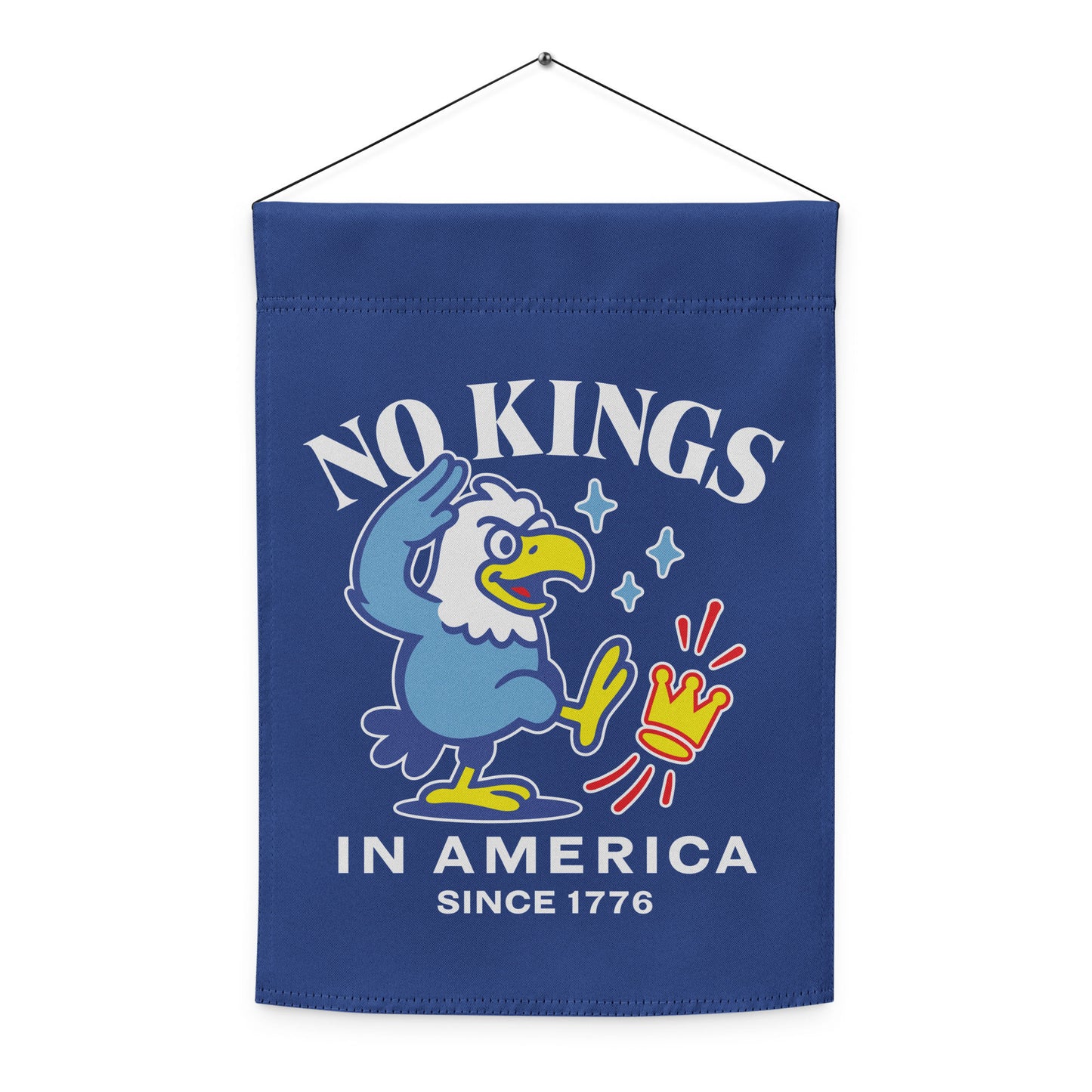 Vertical garden flag with eagle illustration and patriotic message “NO KINGS IN AMERICA SINCE 1776.”