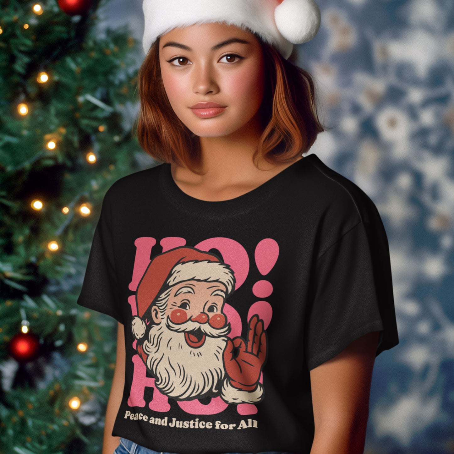 Young person wearing the “Peace and Justice for All” retro Santa t-shirt from Blue Wave USA, standing in front of soft holiday lights.