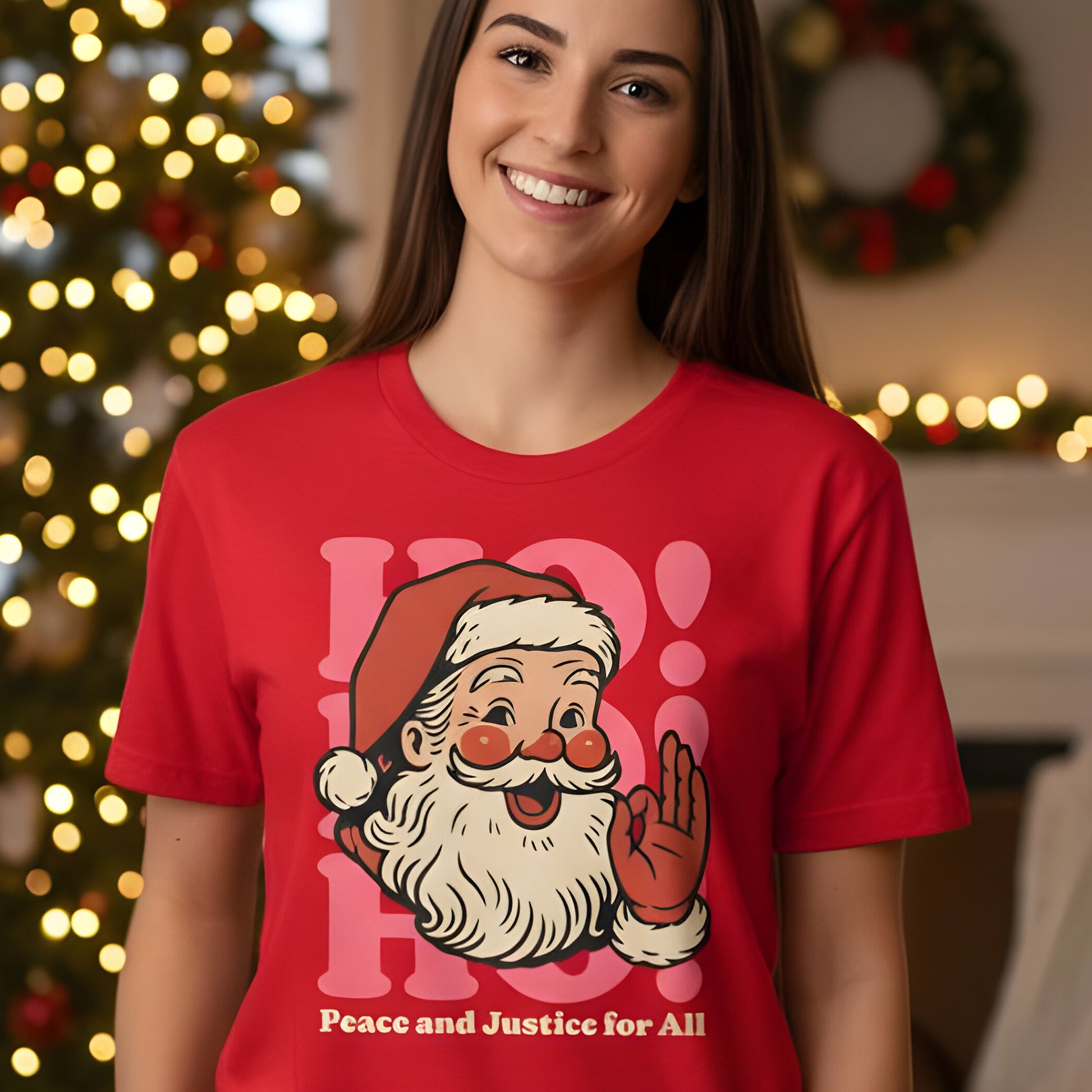 Smiling woman wearing the red “Peace and Justice for All” Santa graphic tee, standing in a cozy holiday room.
