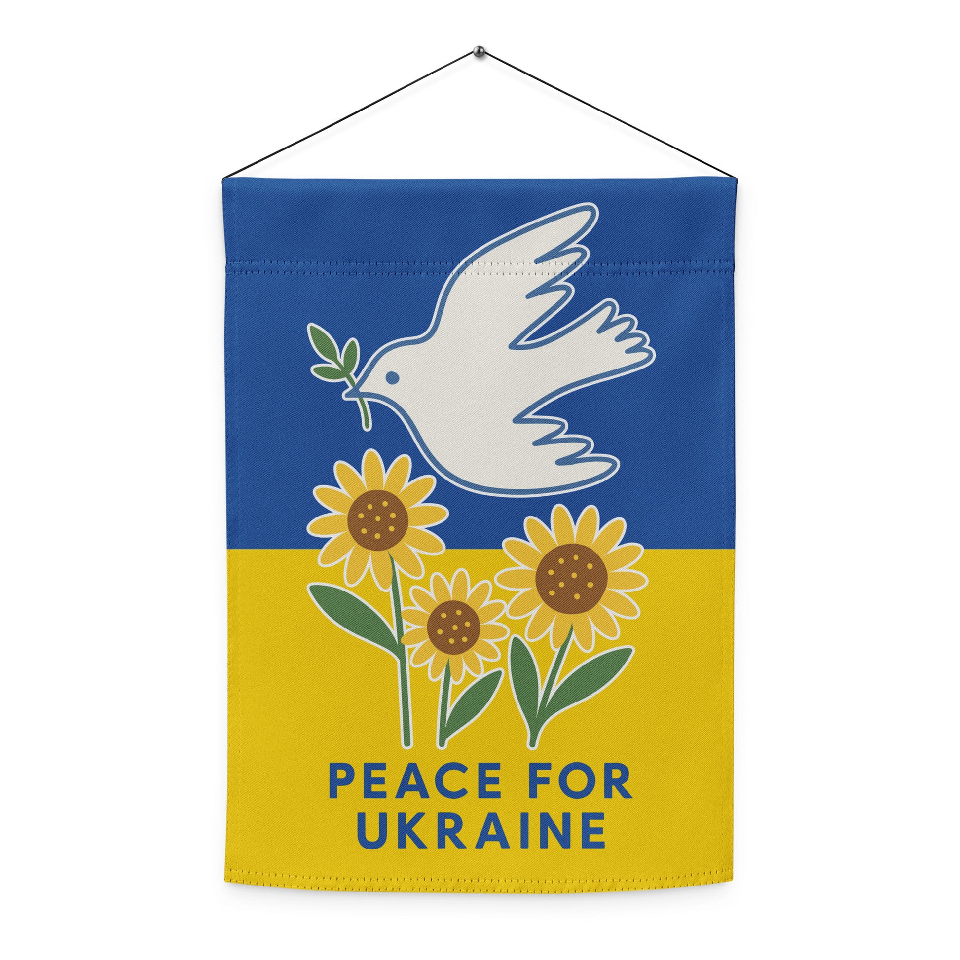 Front view of the “Peace for Ukraine” progressive garden flag featuring dove and sunflower illustration on blue and yellow background.