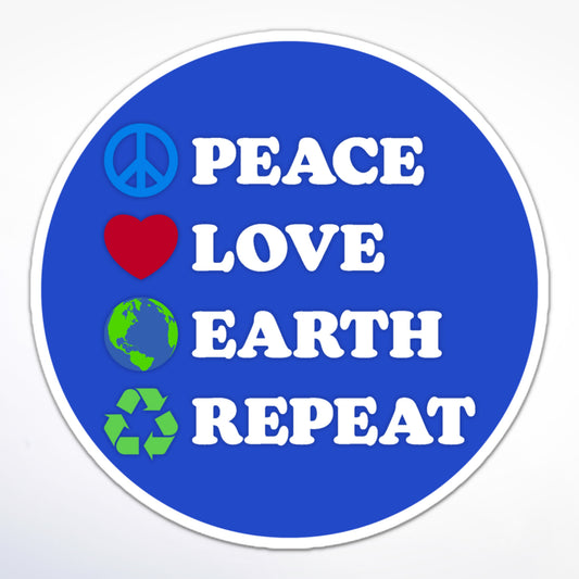 Peace Love Earth Repeat blue Earth Day sticker with peace sign, heart, globe, and recycle icons.