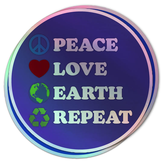 Round blue Earth Day holographic sticker featuring minimalist Peace Love Earth Repeat message with colorful icons.