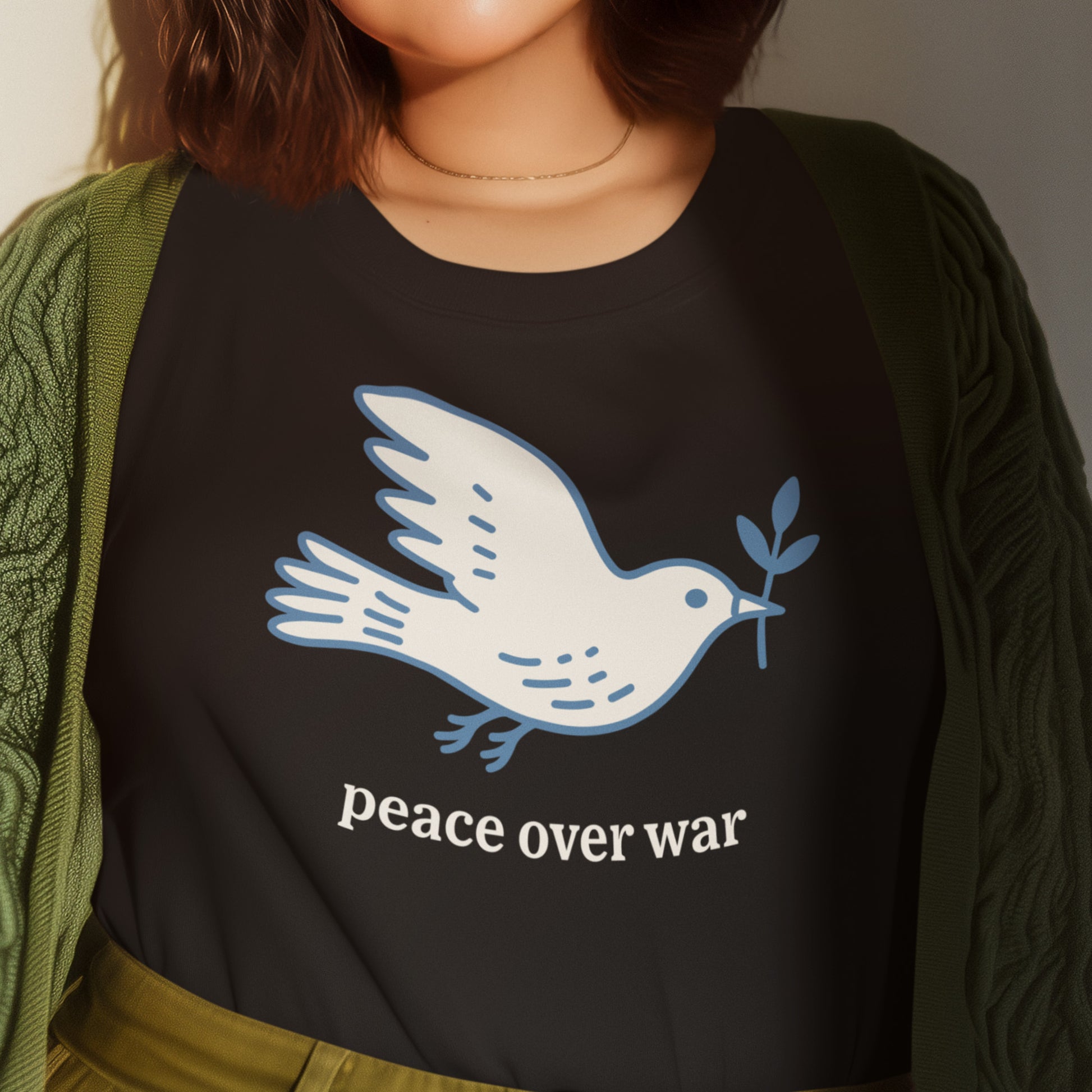 Blue Wave USA women’s relaxed tee worn in lifestyle mockup, showcasing dove peace artwork and “peace over war” wording in calm justice-focused style.