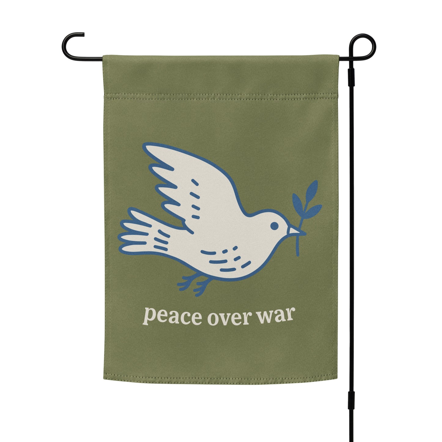 Garden flag mockup on stand featuring dove peace symbol and olive branch above “peace over war” text, clean anti-war outdoor decor.