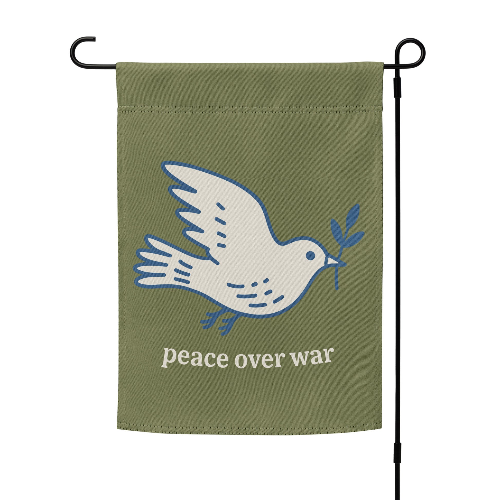 Garden flag mockup on stand featuring dove peace symbol and olive branch above “peace over war” text, clean anti-war outdoor decor.