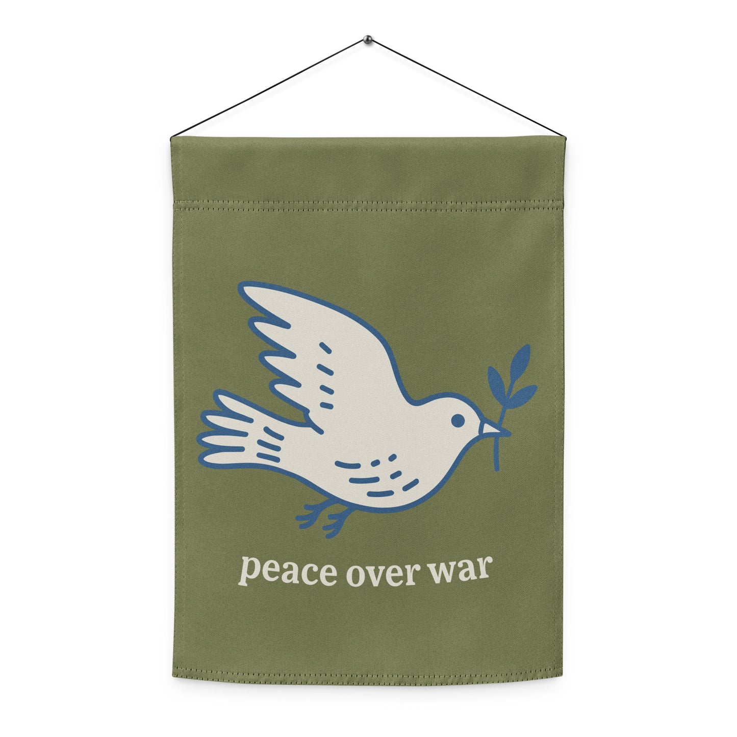 Olive green hanging garden flag displaying white dove illustration with olive branch and “peace over war” phrase in minimalist peace movement style.