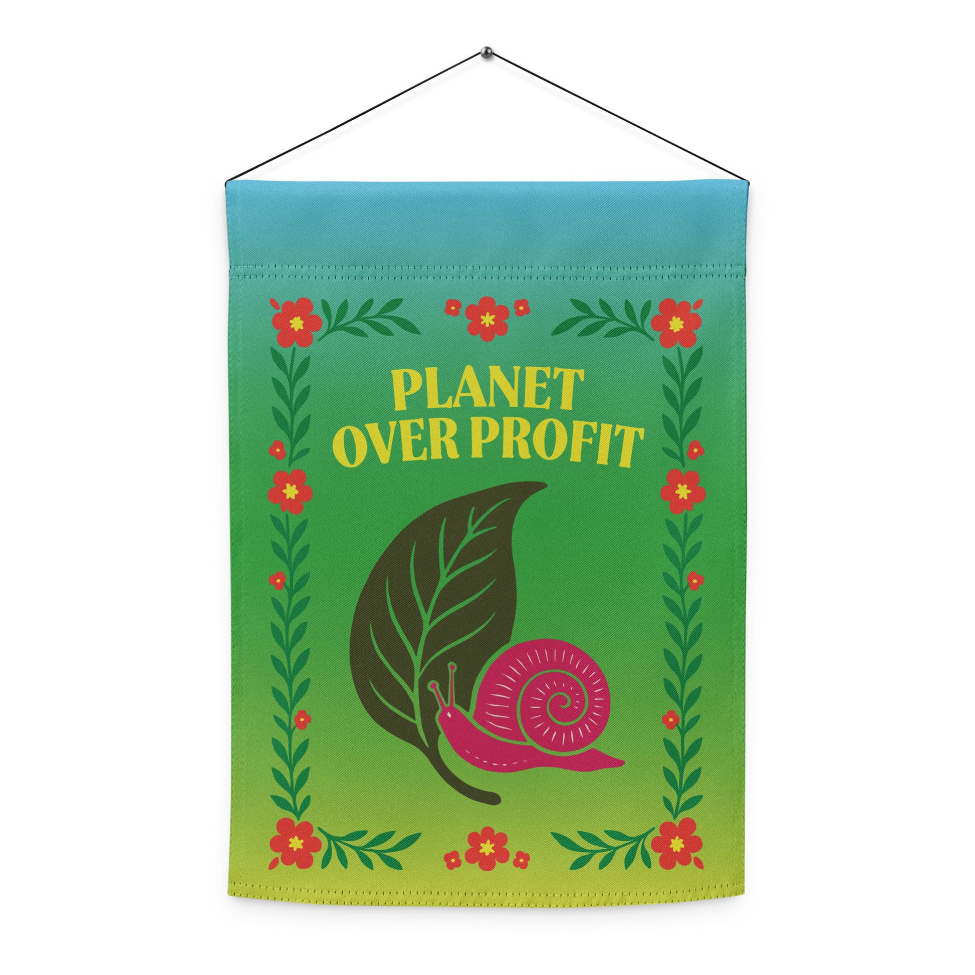 Front view of the “Planet Over Profit” activist garden flag with snail and leaf design surrounded by red flower border.