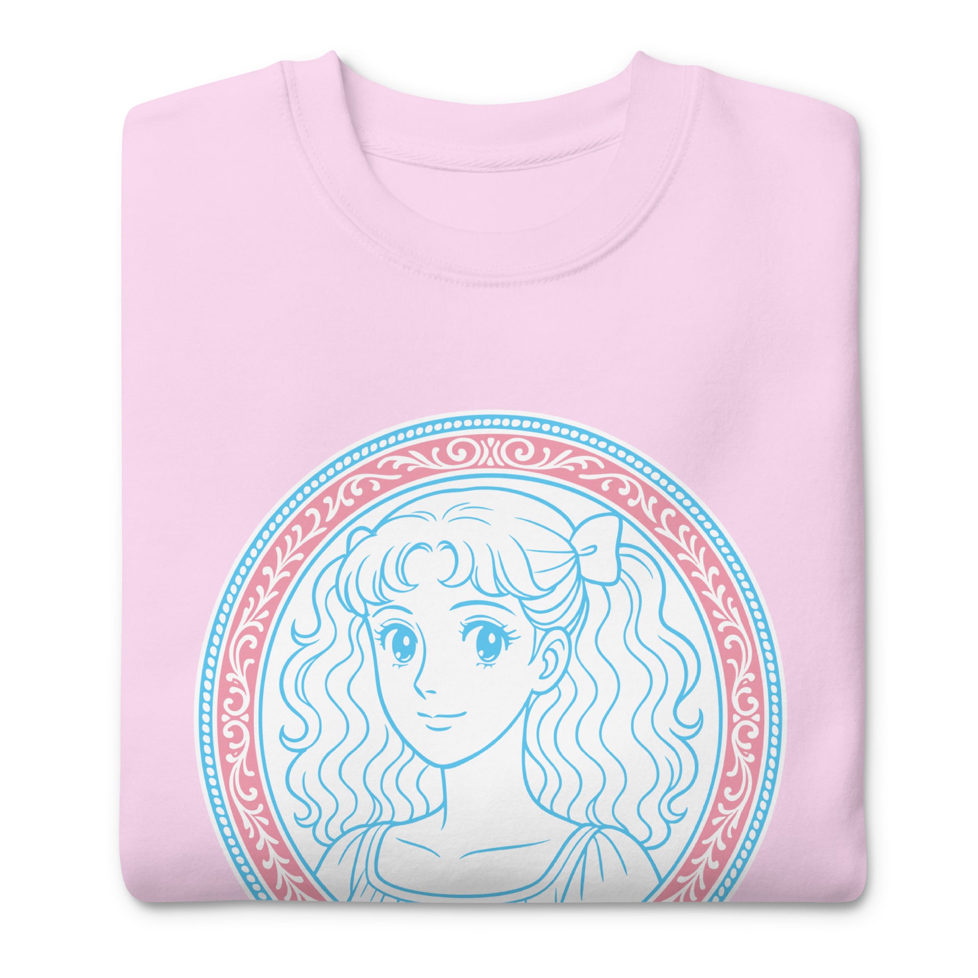 Lavender unisex premium sweatshirt flat lay displaying circular pastel illustration with blue linework, pink decorative border, and the phrase “Protect The Dolls” by Blue Wave USA.