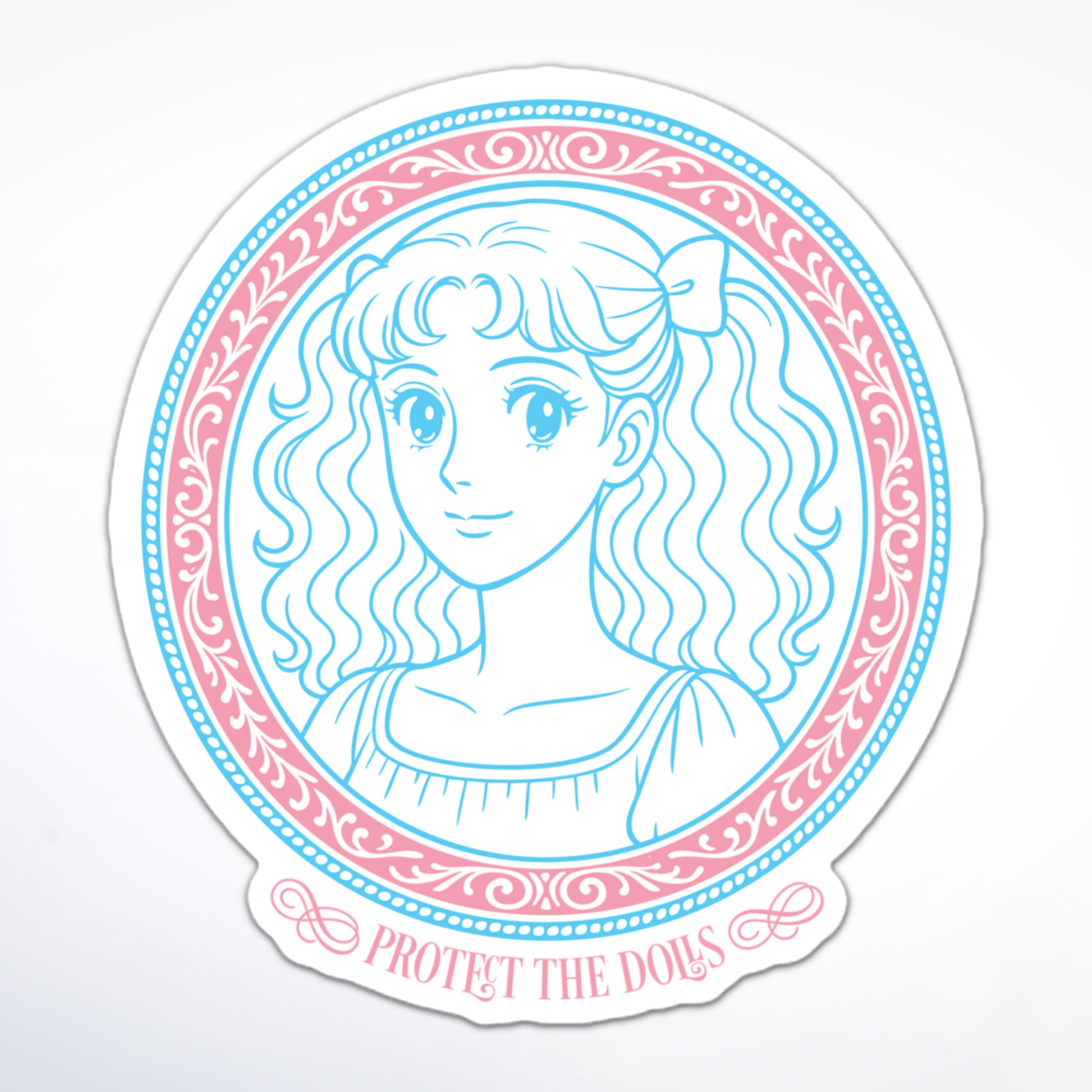 Round trans rights sticker with anime girl portrait, decorative border, and “Protect the Dolls” text.