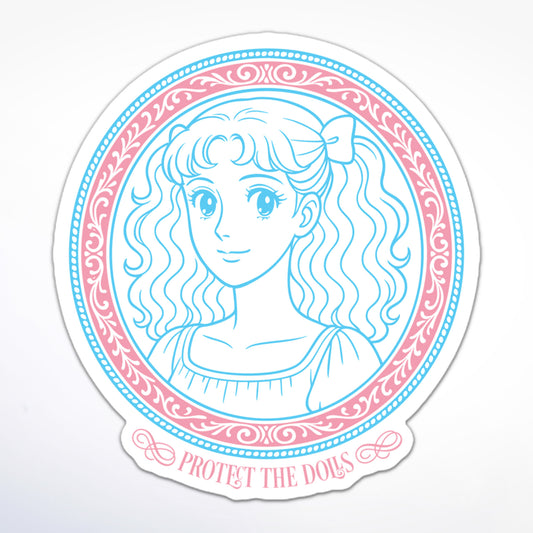 Round trans rights sticker with anime girl portrait, decorative border, and “Protect the Dolls” text.